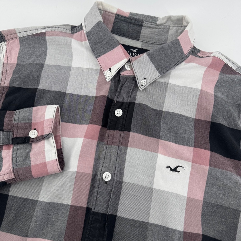 Hollister Button Down Shirt Mens M Pink Grey Black Plaid Epic Flex Stretch Logo